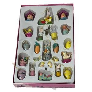 SET of 23 + Vtg MINI Wood EASTER ORNAMENTS Carrot Eggs Chicks Bunny Train Spring
